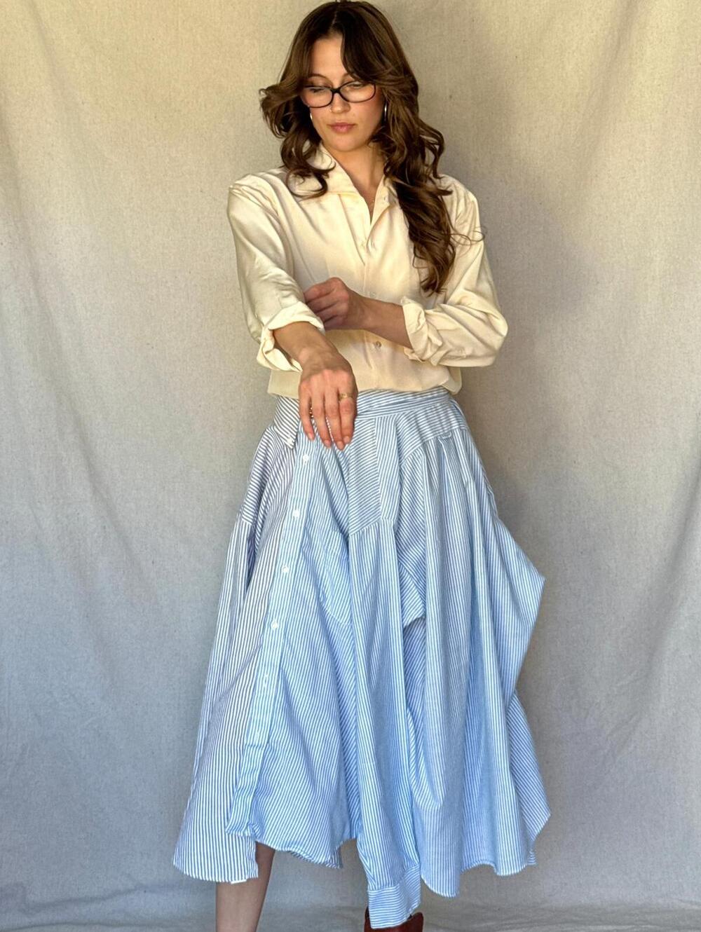Repurposed Blue Pinstriped Button Up Skirt Set